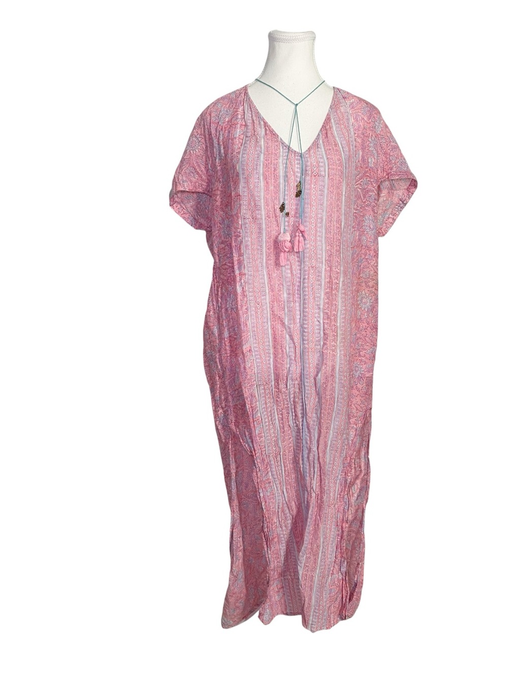 BELL Est. 2000 Pink Cotton Silk Floral Block Print Kaftan Maxi Dress Small